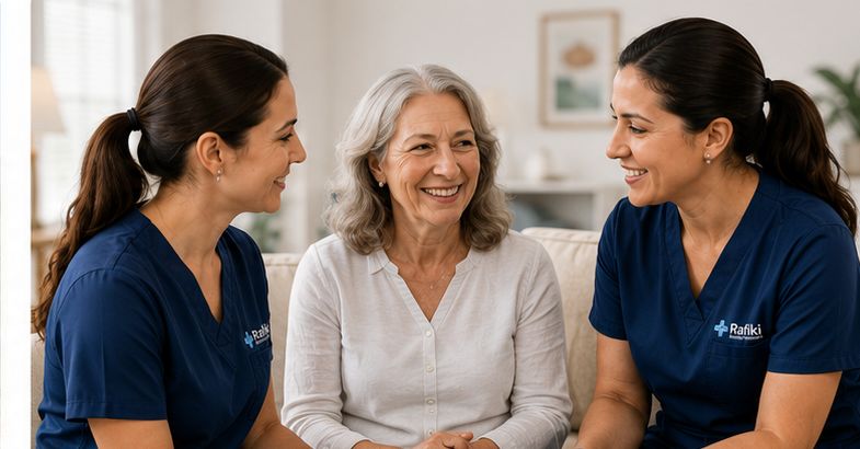 Two Rafiki clinicians talking with a patient