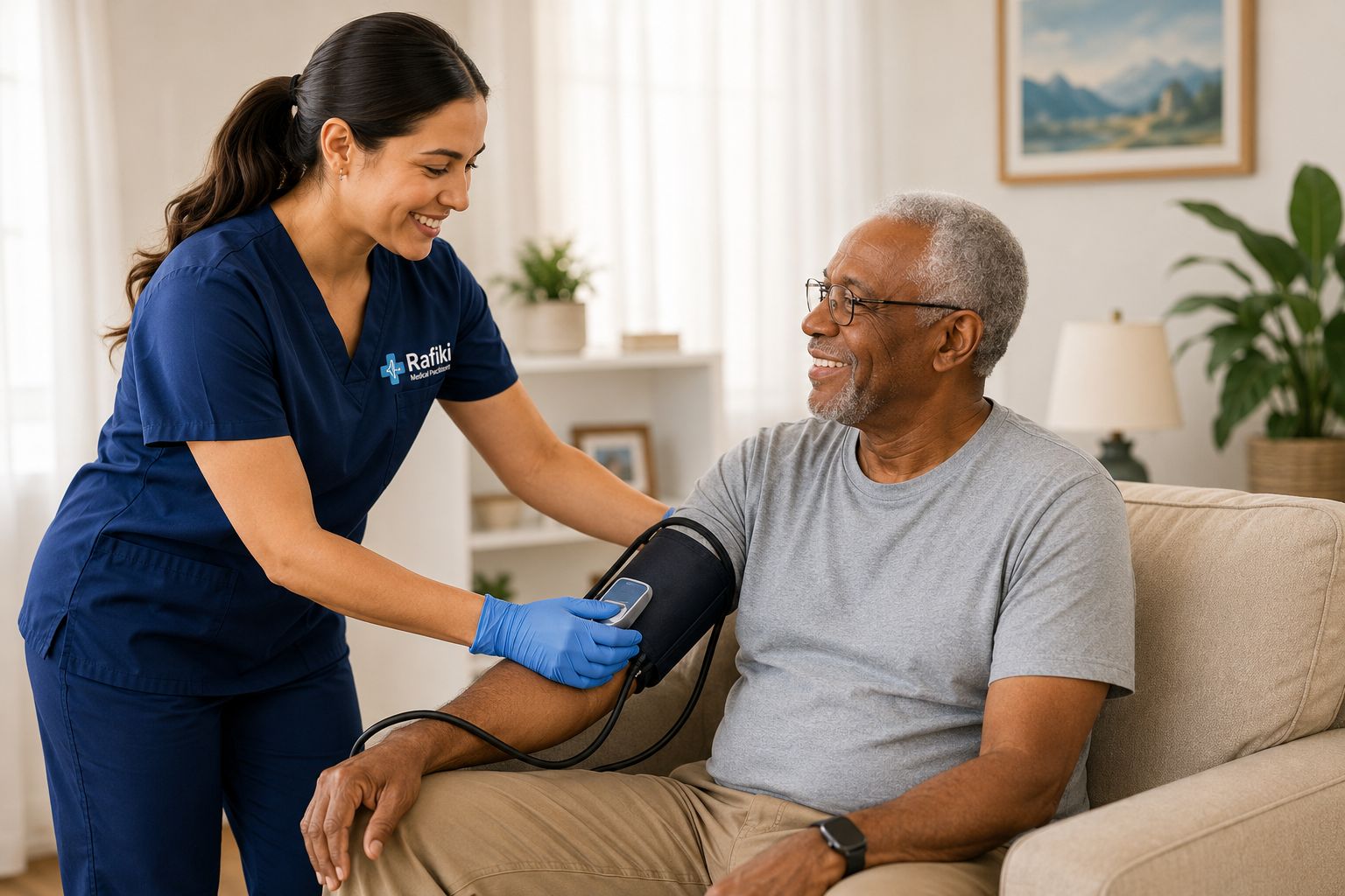Rafiki clinician checking a patient's blood pressure at home